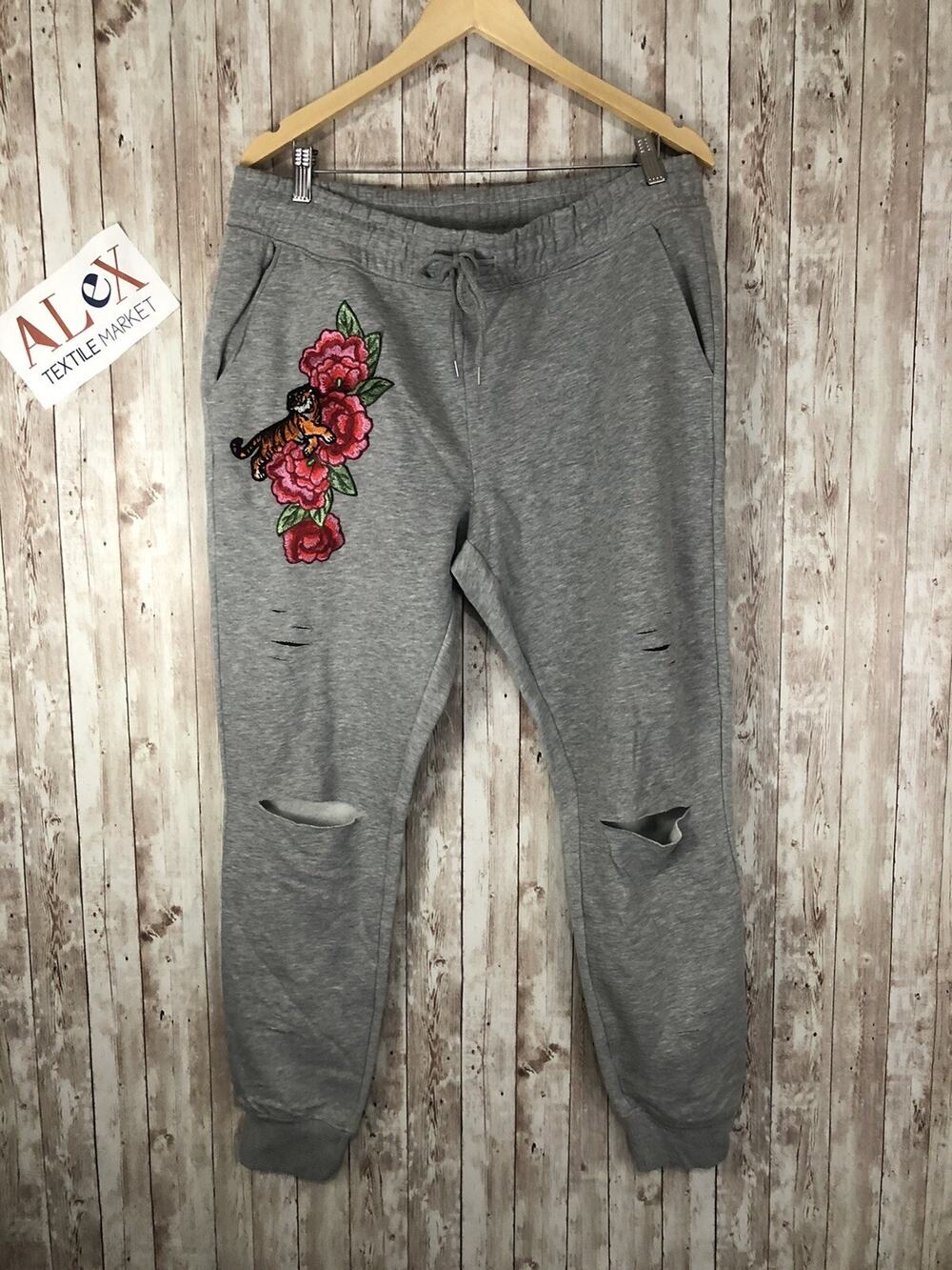 Alex Sweatpants Womens Large Tiger Embroidered Gray Ripped Trackpants N97